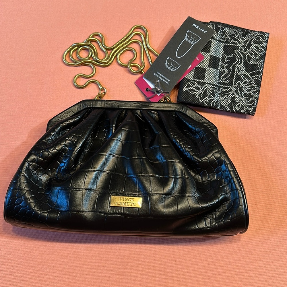 New Vince Camuto Leather Bag With Gold Logo and Chain Strap.